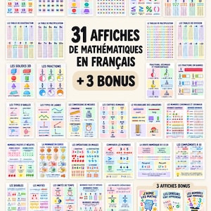 31 pôsteres de matemática em francês | Educação Infantil, 1º ao 3º ano | Números, Cálculo, Adição, Tabuada, Geometria | PDF para imprimir + 3 pôsteres bônus