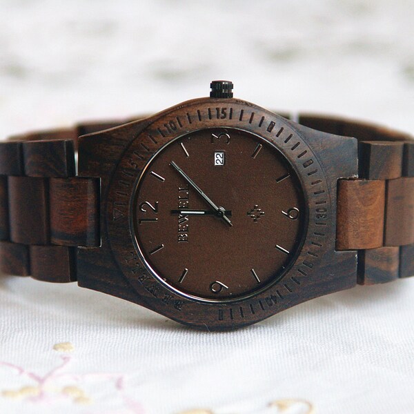 Wooden Watch For Women or Men Ebony Wood Date Thin Watch Wrist Bracelet Quartz Vintage Watch With Calendar Round Dial Gift Black