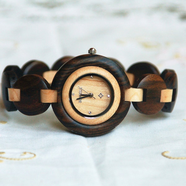 Wood Watch For Women Sandal Wooden Watch Wrist Bracelet Quartz Vintage Watch With Round Dial Gift Black and White（W01018）