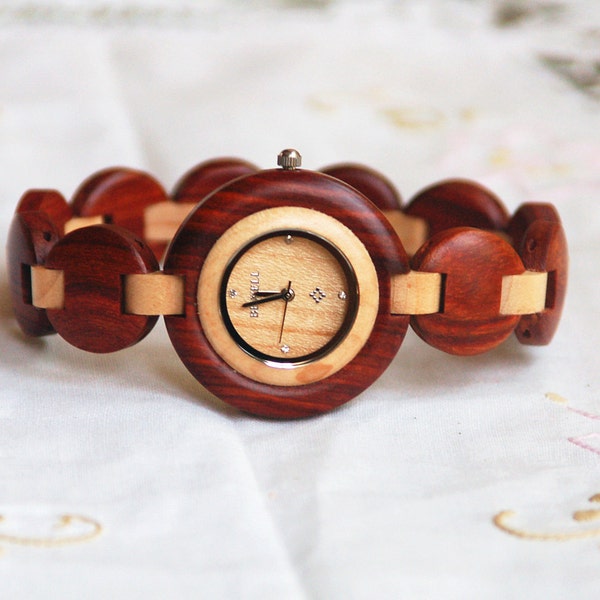 Wooden Women Watch Sandal Maple Wood Watch Wrist Bracelet Quartz Vintage Watch Round Dial Gift Red and White（W01022）