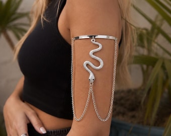 Bracciale a polsino boho con nappe a serpente, fascia regolabile per la parte superiore del braccio, gioiello da festival in oro o argento, bracciale per danza del ventre, accessorio per feste in spiaggia.