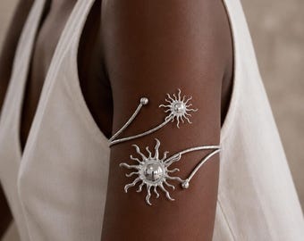 Celestial Sun Upper Arm Cuff & Adjustable Ring Set, Bohemian Armlet Bracelet,  Open Spiral Arm Band, Gold/Silver Cuff for Coachella