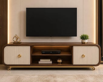 Modern TV Stand with Storage, Walnut Media Console, Fluted Entertainment Center, Luxury TV Cabinet, Mid Century Living Room Furniture