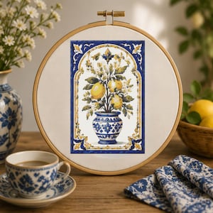 Mediterranean Lemon Vase Cross Stitch Pattern PDF, Blue and White Ceramic Embroidery Chart, Italian Citrus Decor, Pattern Keeper Compatible