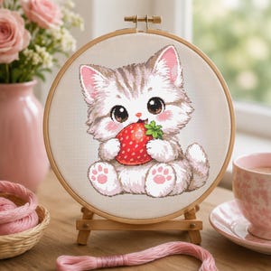 May include: A circular wooden embroidery hoop containing a cross-stitch pattern of a fluffy white and grey kitten with large dark eyes holding a bright red strawberry with green leaves. The kitten has pink paw pads and a soft, detailed fur texture.