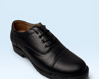 Men's Black Leather Derby Shoes, Classic Plain Toe Oxfords, Handcrafted Dress Footwear