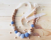 MOTHER DAY SALE Crochet organic cotton teething romantic Nursing necklace with vintage lace baby blue and Ecru Baby shower  gift for her und