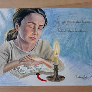 Peinture originale "Jeune Fille qui prie" 100% fait main au crayon de couleur-  A4 - religieux ou pas