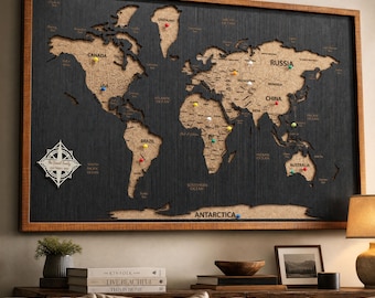 Push Pin World Map Wall Art, Couples Travel Map with Pins, Wooden World Map 5th Anniversary Gift, Wedding Guest Book Travel Tracker Map