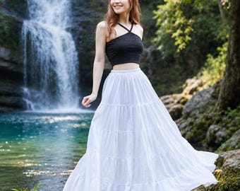 White Cotton Tiered Maxi Skirt for Women | Flowy Boho Long Skirt | Summer Vacation Skirt | Casual Elegant Skirt | The Stitch House