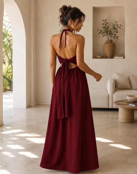 burgundy halter maxi dress Cotton Neck Burgundy formal dress