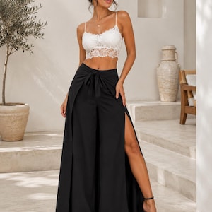 Calças Palazzo Pretas | Calças de Cintura Alta com Amarração Frontal e Fenda, Roupa Fluida para Resort, Look Boho