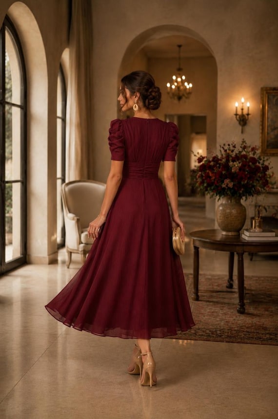 midi burgundy cocktail dress Puff Sleeve | Elegant A-line Wedding Guest Gown semi formal red cocktail dress Black and white striped glam fashion A refined staple for Sizing (European):Age 7/8