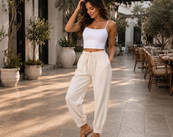 The Stitch House Women's 100% Pure Cotton Jogger Trousers | Elastic Waist Casual Lounge Pants | Soft Breathable Summer Bottom Wear