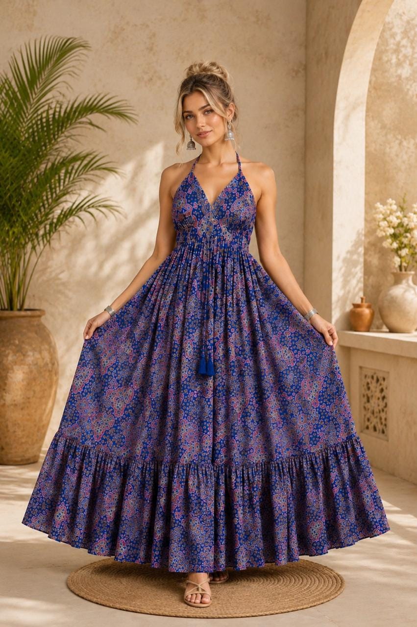 blue printed halter neck dress Women's Flared Maxi | Boho Summer Long Dress oa240313024