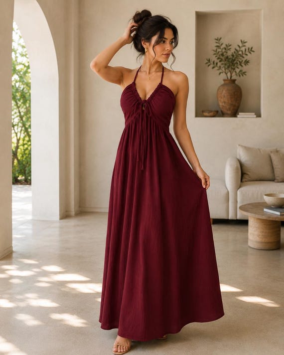 drawstring halter maxi dress Burgundy Cotton Neck | Sleeveless Flowy Summer Party Gown Vintage Dresser