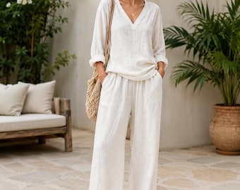 Zweiteiler aus Bio-Baumwolle für Damen | Weißes Baumwoll-Top & Weite Hose | Sommer-Outfit | Lässige Bürokleidung