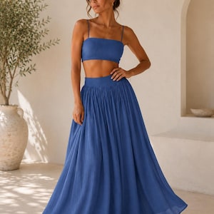 Blue Crop Top & Maxi Skirt Set, Boho Vacation Outfit, Elegant Beach Wear