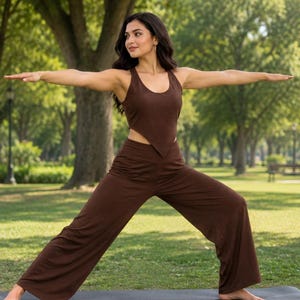 Brown Yoga Set | Sleeveless Top, Wide Leg Pants | Activewear Lounge Wear