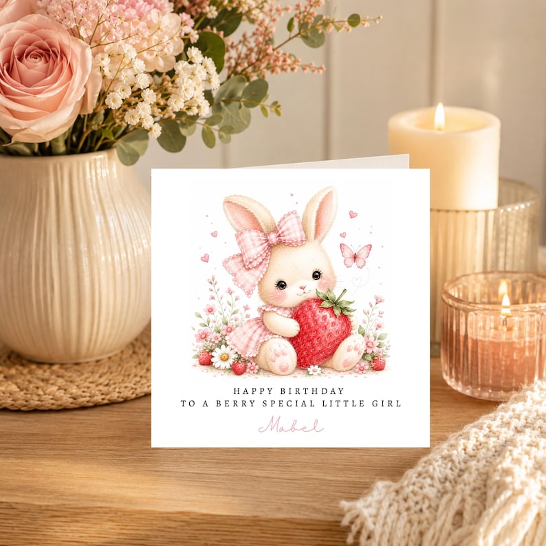 Personalised Bunny Birthday Card for Girl, Strawberry Birthday Card ...