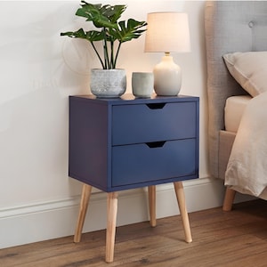 Bedside Table Two Drawer Blue Wooden Nightstand Storage Cabinet