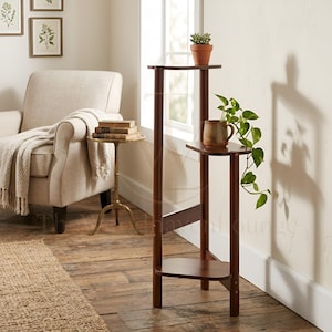 May include: A dark brown wooden plant stand featuring three tiered shelves at varying heights. The top shelf holds a small succulent in a terracotta pot, while the middle shelf supports a ceramic mug containing a trailing green pothos plant.