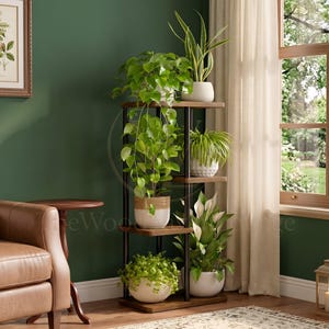 May include: A multi-tiered plant stand featuring a dark metal frame and five wooden shelves. The stand holds various potted plants, including a trailing pothos, a snake plant, a spider plant, a peace lily, and a small leafy green plant.