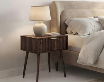 Bedside Table Modern Bedroom Storage Walnut Slatted Nightstand Furniture