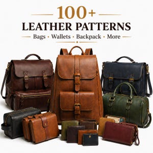 Paquete de más de 100 patrones de cuero en PDF, plantillas para bolsos, carteras y mochilas de cuero, patrones para marroquinería, formatos DXF, A4, A1 y Carta, descarga instantánea.