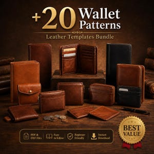 May include: A collection of various brown and black leather wallets and card holders displayed with the text +20 Wallet Patterns Leather Templates Bundle. Includes a gold Best Value seal and icons for PDF and DXF files, easy to follow, beginner friendly, and instant download.