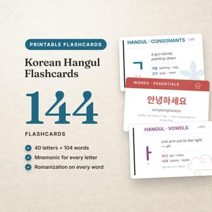 Koreaanse Hangul-flashcards – 40 letters + 104 woorden (pdf-download)
