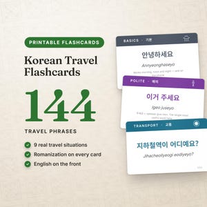 Korean Travel Phrases Flashcards – 144 Printable Cards with Romanization, Korea Trip Prep (PDF Download)