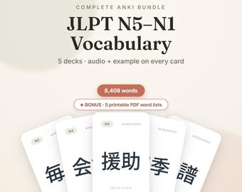 Paquete de tarjetas Anki de vocabulario japonés JLPT N5-N1 con 8408 frases y oraciones con audio (descarga digital).