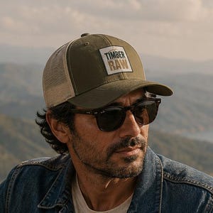 Puede incluir: Una gorra de estilo camionero en color verde oliva con parte trasera de malla y un parche rectangular blanco en la parte frontal que muestra el texto negro TIMBER RAW. La gorra tiene una corona estructurada y una visera curva con cierre.