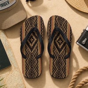 Puede incluir: Una gorra de béisbol color canela con un parche de Timber Raw, gafas de sol negras, un sombrero de paja, un pasaporte verde oscuro, sandalias con patrón geométrico negro y canela, una cámara vintage y una cuerda gruesa sobre una superficie clara.