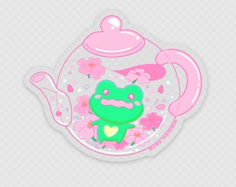 Sakura Teapot Frog Sticker | Transparent Vinyl Decal