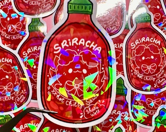 Spicy Sriracha Holographic Sticker: Kawaii Korean Food