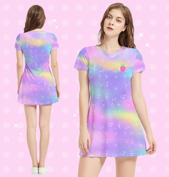 Buy Purple Galaxy V Neck Dress T-shirt Kawaii Shirt Dress Online