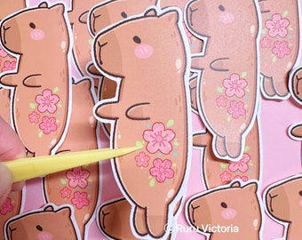 Capybara Sakura Flower Vinyl Sticker: Kawaii Waterproof Decal