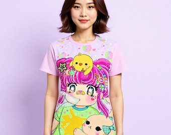Harajuku Gyaru Cotton T-Shirt: Round Neck, Made-to-Order