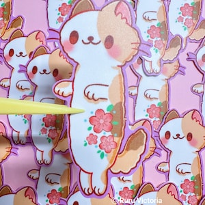 Glückskatze Sakura Blume Vinyl Aufkleber | Kawaii Aufkleber | Niedliche Aufkleber | Glückskatzen Aufkleber