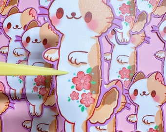 Calico Cat  Sakura Flower Vinyl Sticker | Kawaii stickers | Cute Stickers | Calico Cat sticker