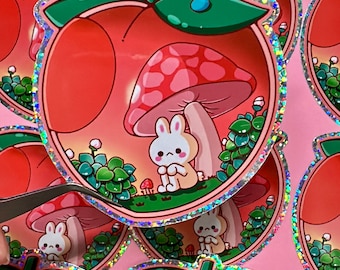 Terrarium Bunny Glitter Sticker: Kawaii Mushroom Bunny, Waterproof Vinyl