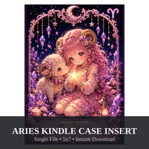 Può includere: Un'illustrazione digitale per custodia Kindle a tema Ariete con un personaggio dai capelli rosa e corna d'ariete, un piccolo agnello bianco, cristalli viola e una stella luminosa sotto un arco con il testo ARIES KINDLE CASE INSERT.