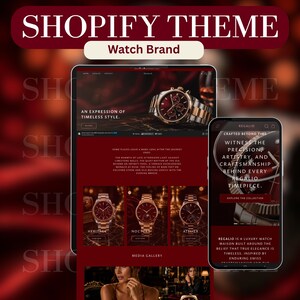 Könnte beinhalten: Eine digitale Darstellung eines Shopify-Themes für eine Uhrenmarke, bestehend aus einem Tablet und einem Smartphone, die eine Website in Dunkelrot zeigen. Die Bildschirme präsentieren Luxusuhren, den Text "Regalio" und "An expression of timeless style."