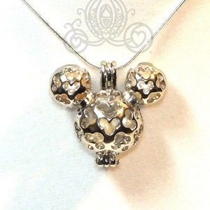 Mickey Head Hidden Mickey Necklace Scrollwork Pendant Silver Locket Charm Pearl Holds Multiple Pearls