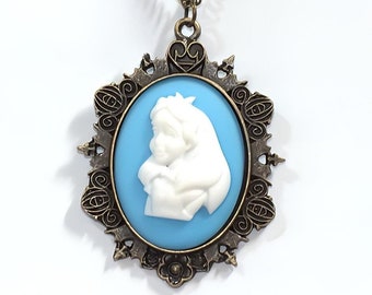 Alice Cameo Necklace, Antique Bronze Filigree Pendant, Blue Sky Resin Profile