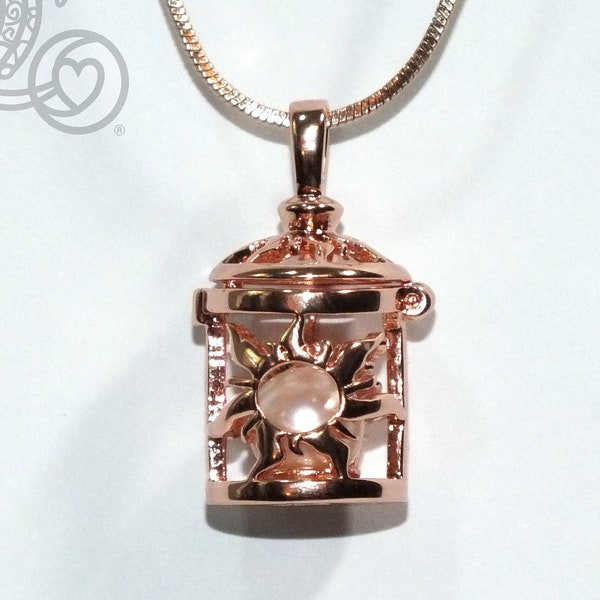 Rose Gold Rapunzel Sun Lantern Charm Pearl Cage Necklace