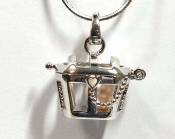 Silver Pirate Treasure Chest Necklace, Cage Pearl Charm Pendant