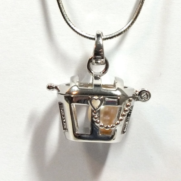 Pirate Treasure Chest Necklace, Silver Cage Pearl Charm Pendant, Tahiti Pearl, Pirate Jewelry, Statement Locket Necklace, Pirate Gifts